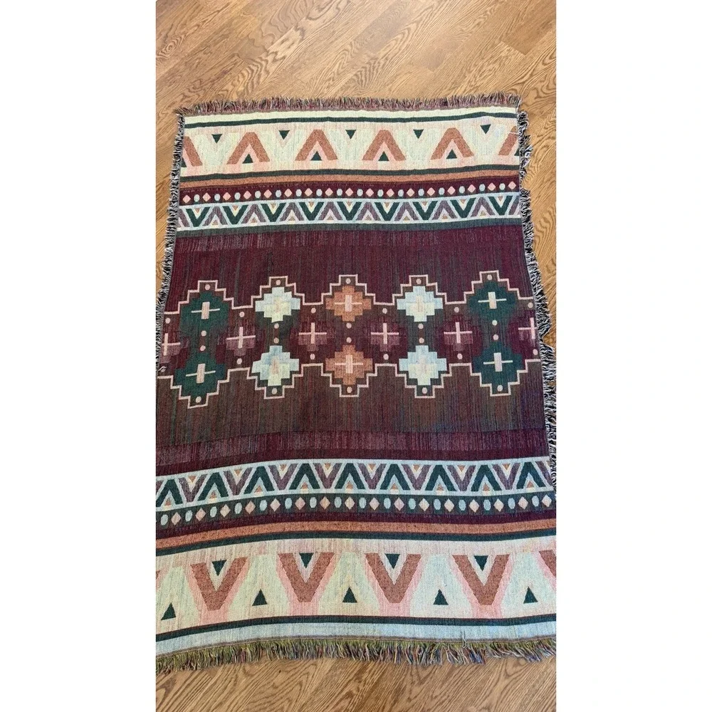 Vintage Southwestern Woven Throw Blanket Fringe Tribal Aztec Boho